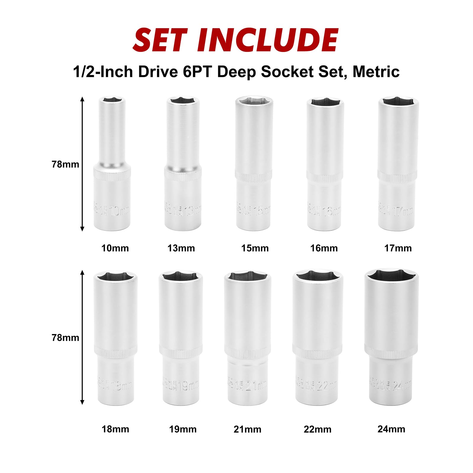 CASOMAN 10 PCS 1/2-Inch Drive Metric Deep Socket Set, 6-Point, Long Socket, 10-24mm, CR-V - Image 2