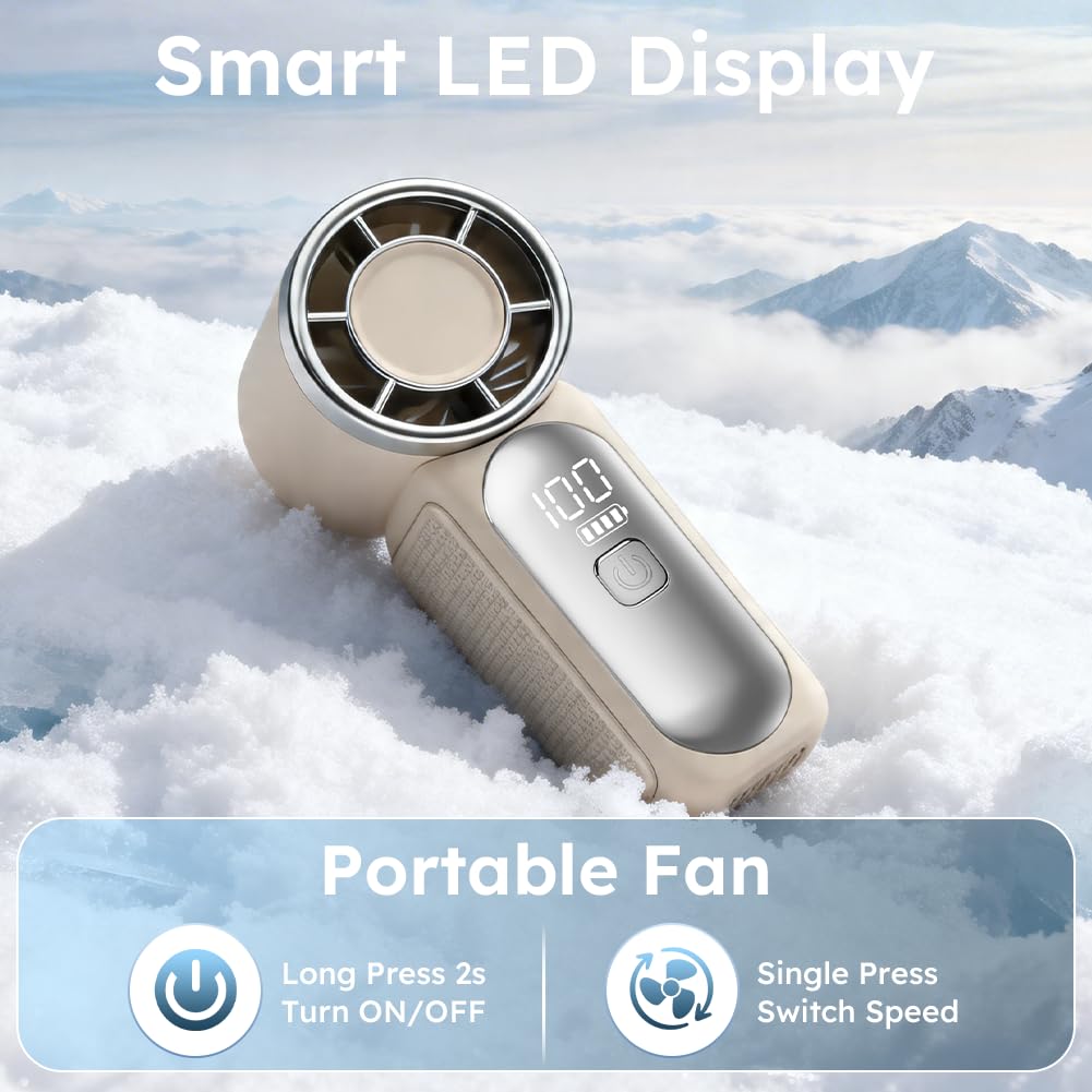 AUAUY Przenośny wentylator ręczny, USB mini wentylator z 6 poziomami prędkości, wydajny, ręczny wentylator z wyświetlaczem LED, mały, ręczny do podróży, biura, na zewnątrz, do makijażu (biały)