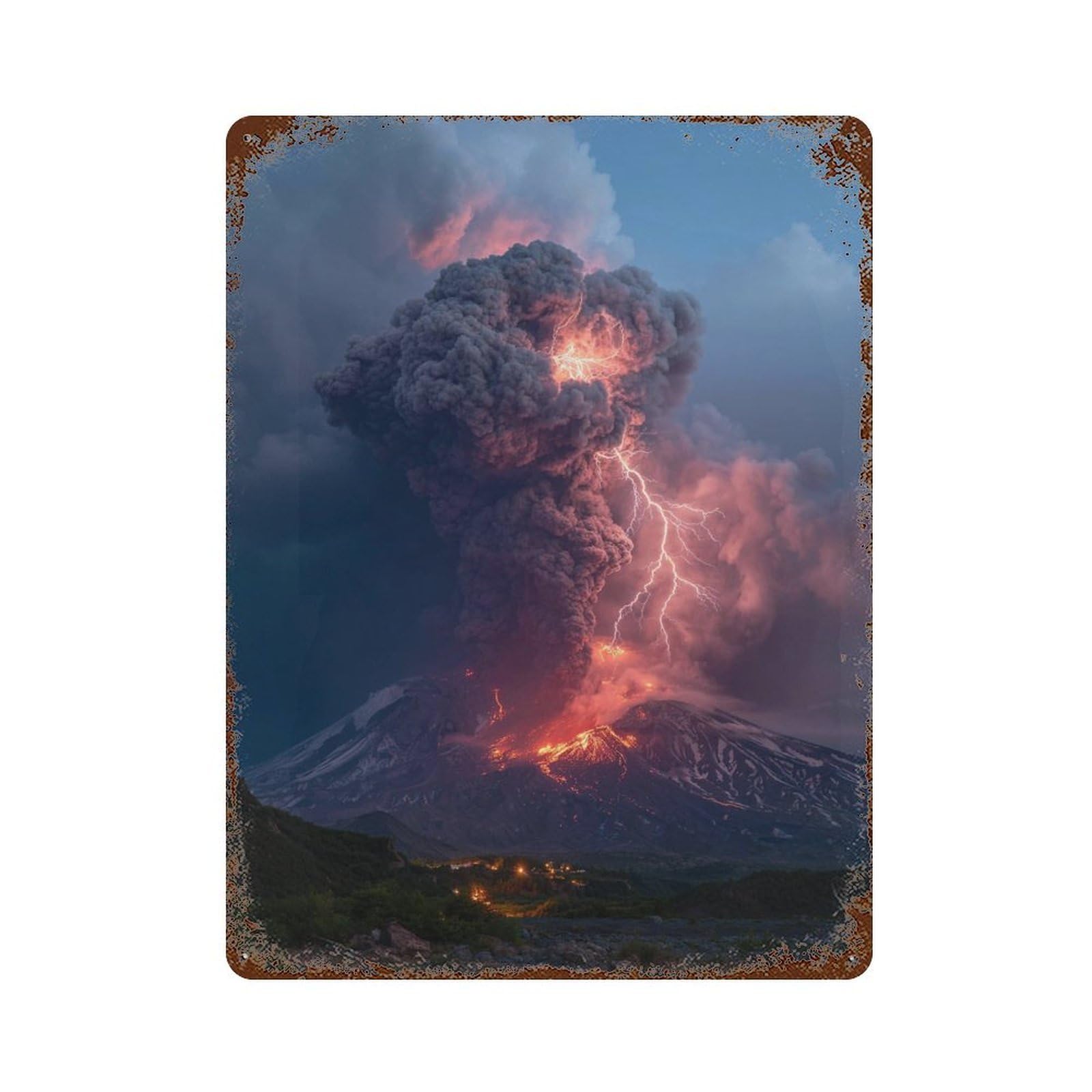 Vintage Rust Metal Sign Volcano Eruption with Lightning Strikes 15.7"x11.8", Vintage Wall Decor for Office, Studio And Wall Decor
