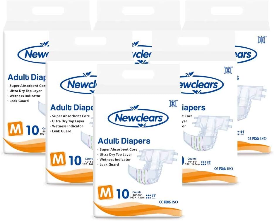 Newclears Adult Diapers with Tabs for Men Women Incontinence Care, Disposable Absorbent for Disability Postnatal Patient Bedridden Care, 10 Count/Pack, 6 Pack, M