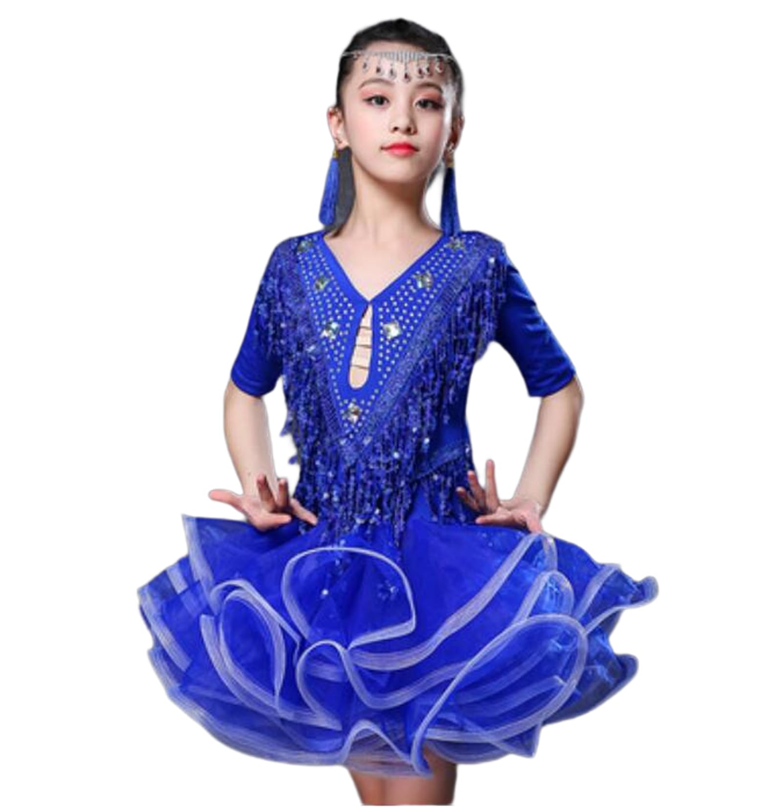 Dziewczęcy Kostium do Tańca Latynoamerykańskiego Z Cekinami I Frędzlami. Lśniący Dziewczęcy Strój do Tańca Towarzyskiego Tango Rumba Codzienny Strój do Ćwiczeń.