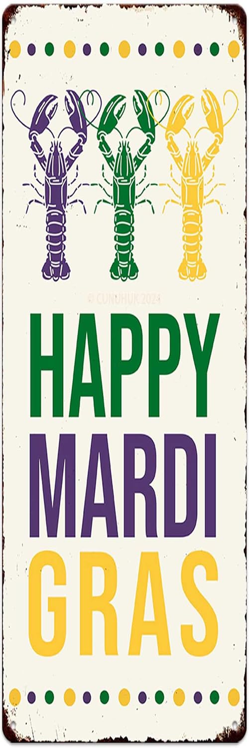 kisoyo Happy Mardi Gras Tin Sign Art Poster Wall Door Decor Purple Green Gold Cray Print Mardi Gras Carnival Craft Decorations for Home Farmhouse Bar Kitchen Shop Yard 16x4 Inch Funny Street Sign