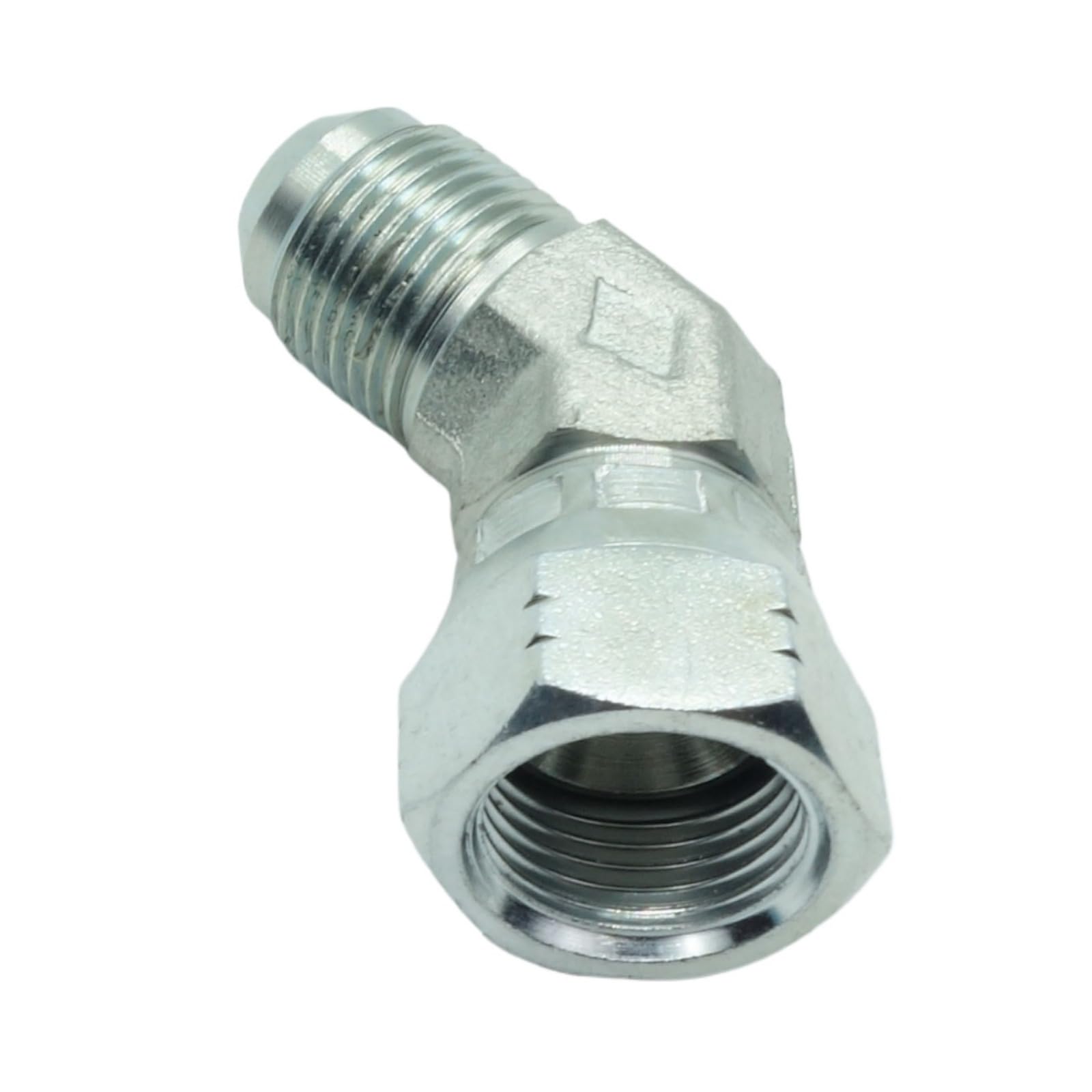 1 Piece Steel JIC Flare Tube Fitting, 45 Degree Elbow, 1/2" Male JIC (3/4"-16) x 1/2" Female JIC (3/4"-16) Swivel Tube OD