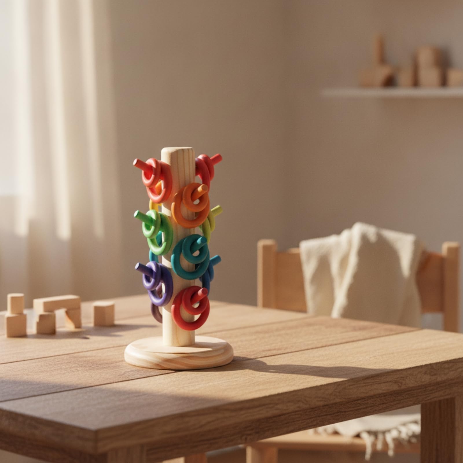 Torre da Impilare in Legno Moderna, Albero Arcobaleno, Versione Macaron, Peso 0,6 Kg, 13,5 × 13,5 × 25 Cm