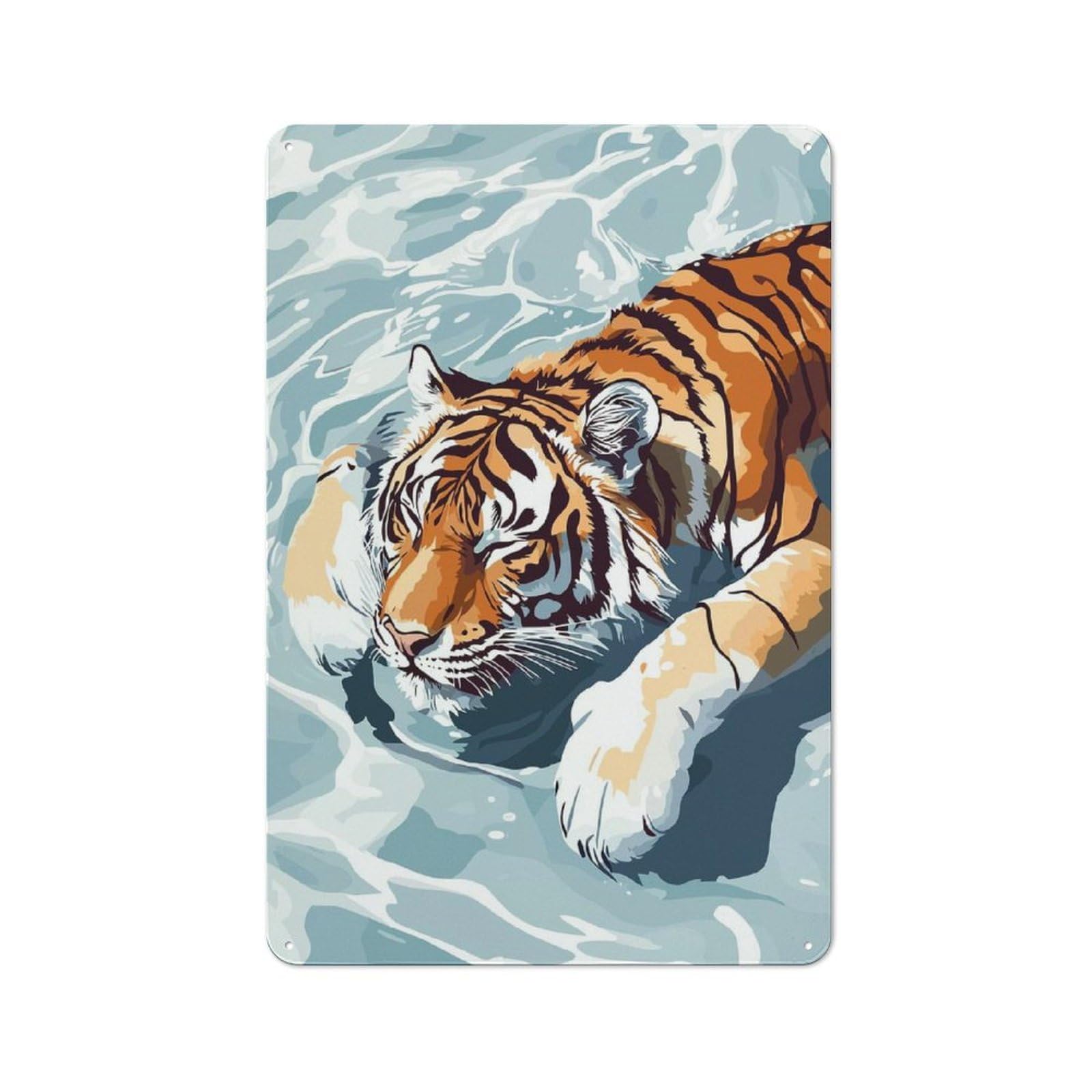 Smart Tiger Swimming in Water Illustration Office Metal Sign 30x20cm, Creative Space Decor for Home Office, Reading Corner Or Bedroom