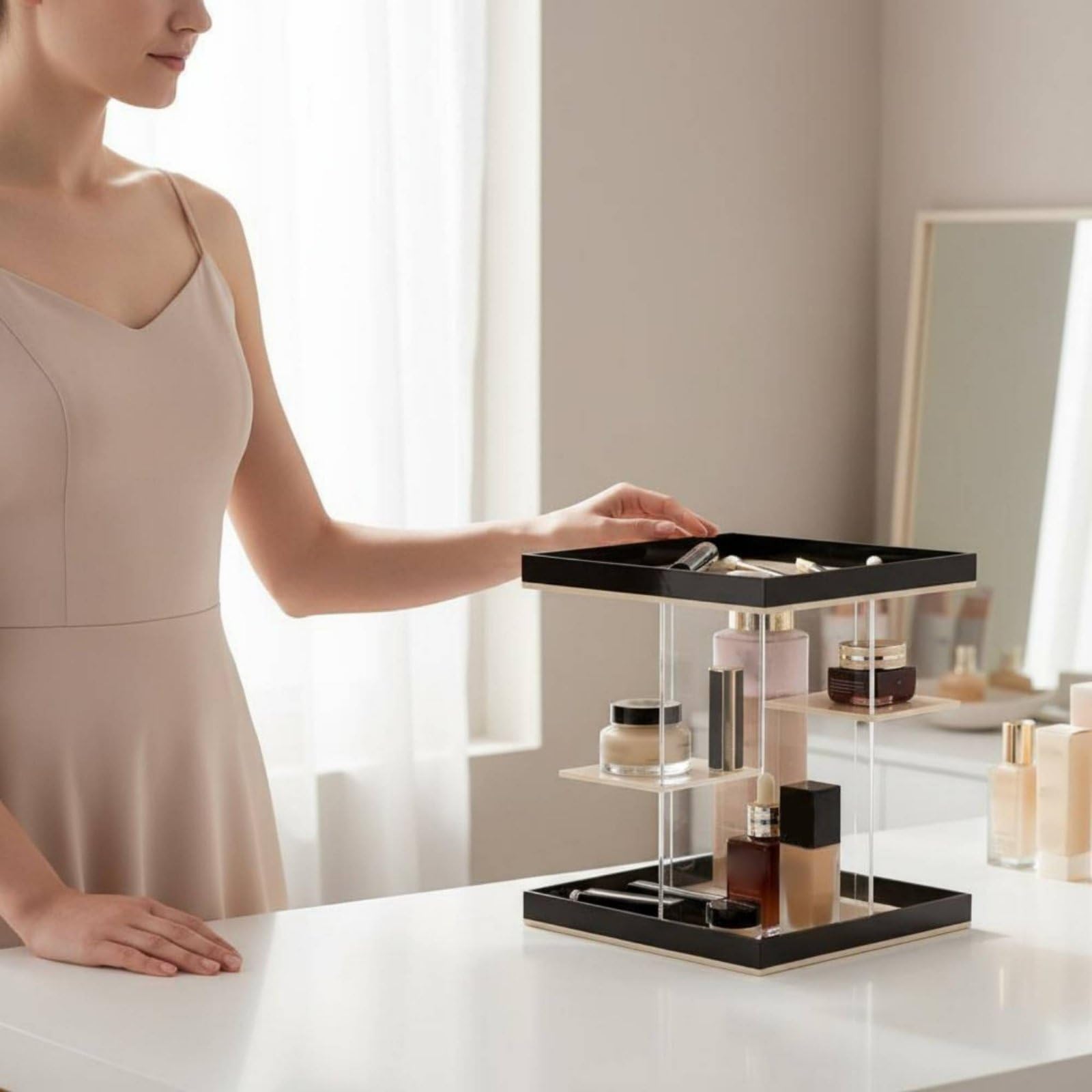 Bandeja Giratoria Acrílica Organizador Maquillaje Cosméticos Perfumes Accesorios Acrílico Grueso con Estabilidad para la Encimera Adecuada para, Model B 3-Drawer