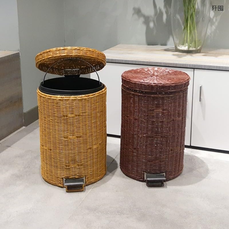 Silent Pedal Wicker Trash Can with Lid, Round Rattan Wastebasket with Removable Liner, Ideal for Bathroom, Kitchen, Living Room - Stylish & Functional Garbage Bin