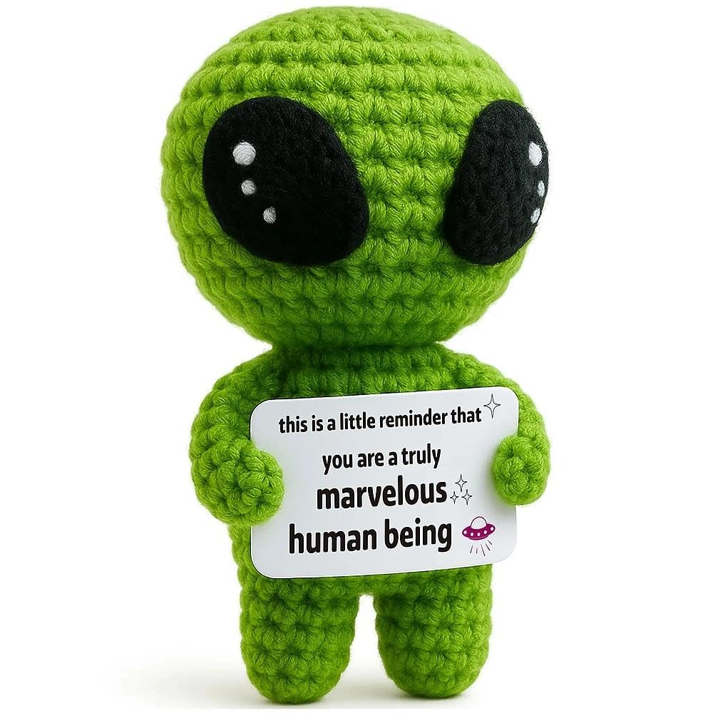 Peluche all'uncinetto con alieno regalo positivo supporto emotivo biglietto positività