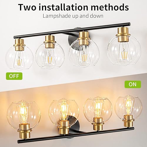 Miniatura 98 de Lámpara de tocador de baño de 3 luces negras y doradas con pantallas de vidrio, aplique de pared industrial Negro y Dorado,Dorado,Negro