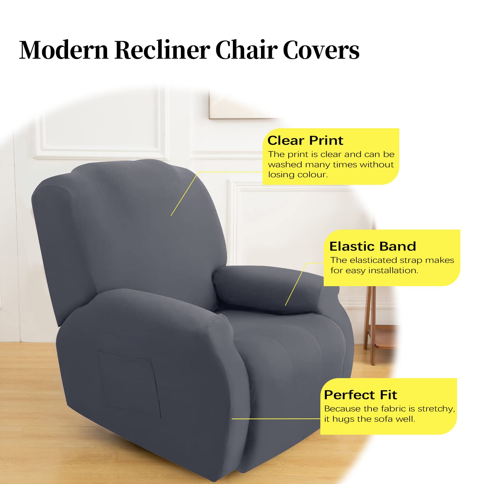 FIGOOO Copripoltrona Relax Reclinabile Copripoltrona 1 Posto Elasticizzato Relax Universale con Tasche 4-Pezzi Fodere per Poltrona Relax Lavabile Rimovibile Coprisedile Chivas,Grigio