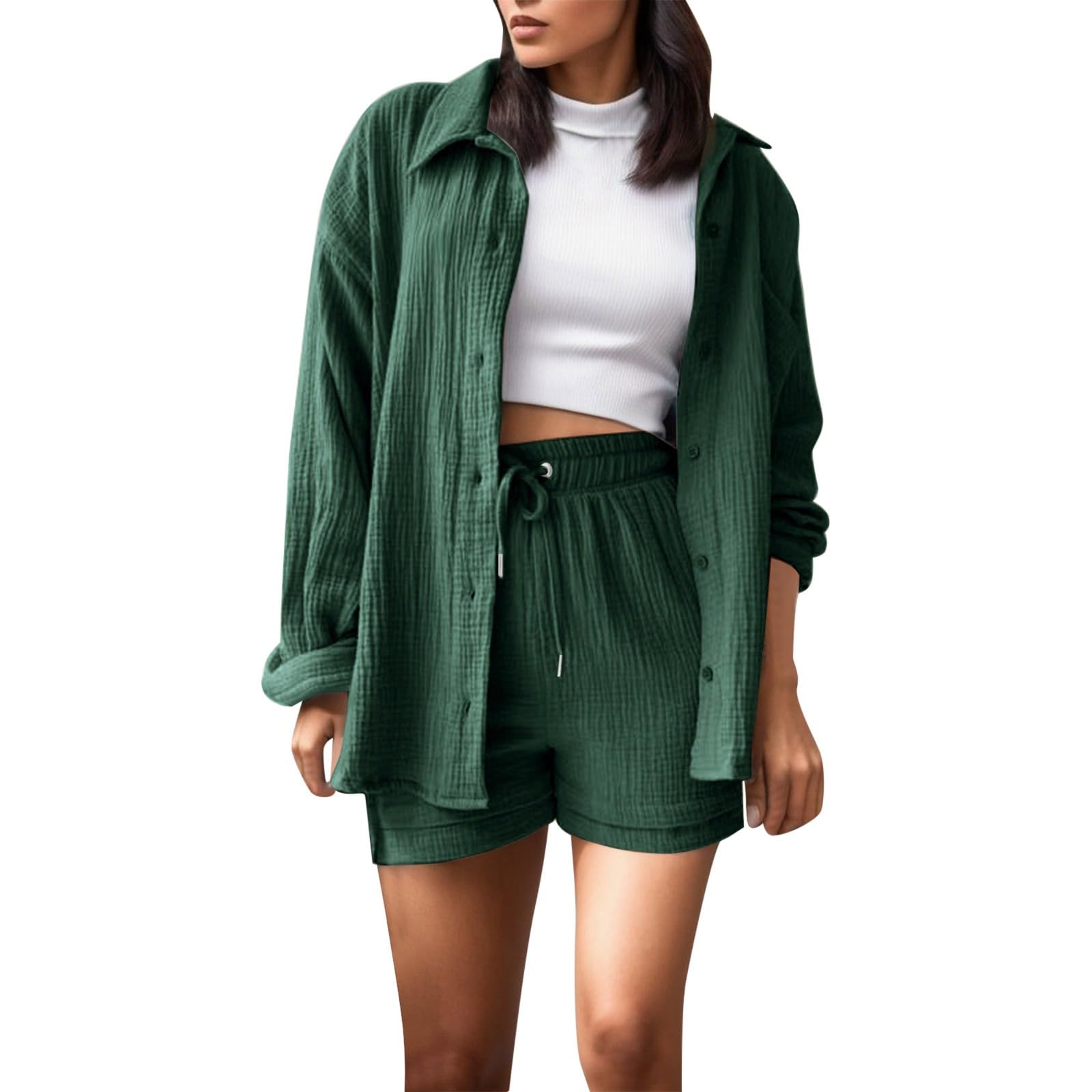 Fashion Set Womens Shorts Set Long Sleeve Shirt Suit Shorts Two Piece Set Basic Shirt Top And Shorts Set Lace up