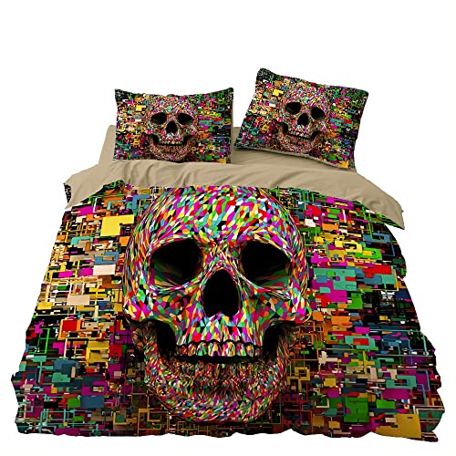 Housse de Couette 200x200 Tête de Mort - Parure de Lit 2 Personnes Coloré 3D avec Fermeture Éclair, 2 Taies d'oreiller 65x65 cm, 100% Microfibre Cover