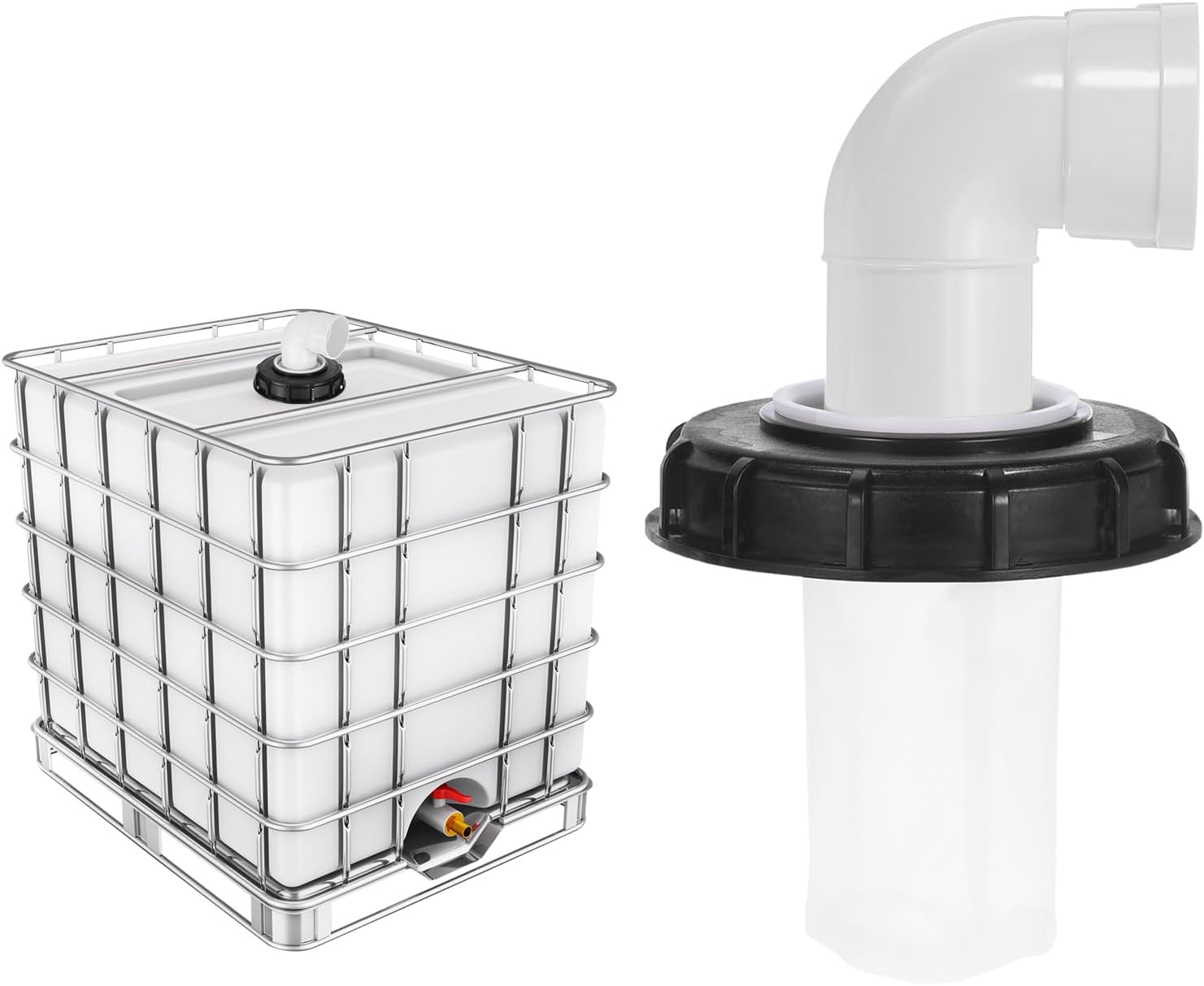 MECCANIXITY 163mm IBC Lid Filter Cover, 90° Plastic IBC Tote Hose Adapter 1000L Rainwater Tank Container with Washable Nylon Filter for 275 Gallon Water Tanks, Black/White