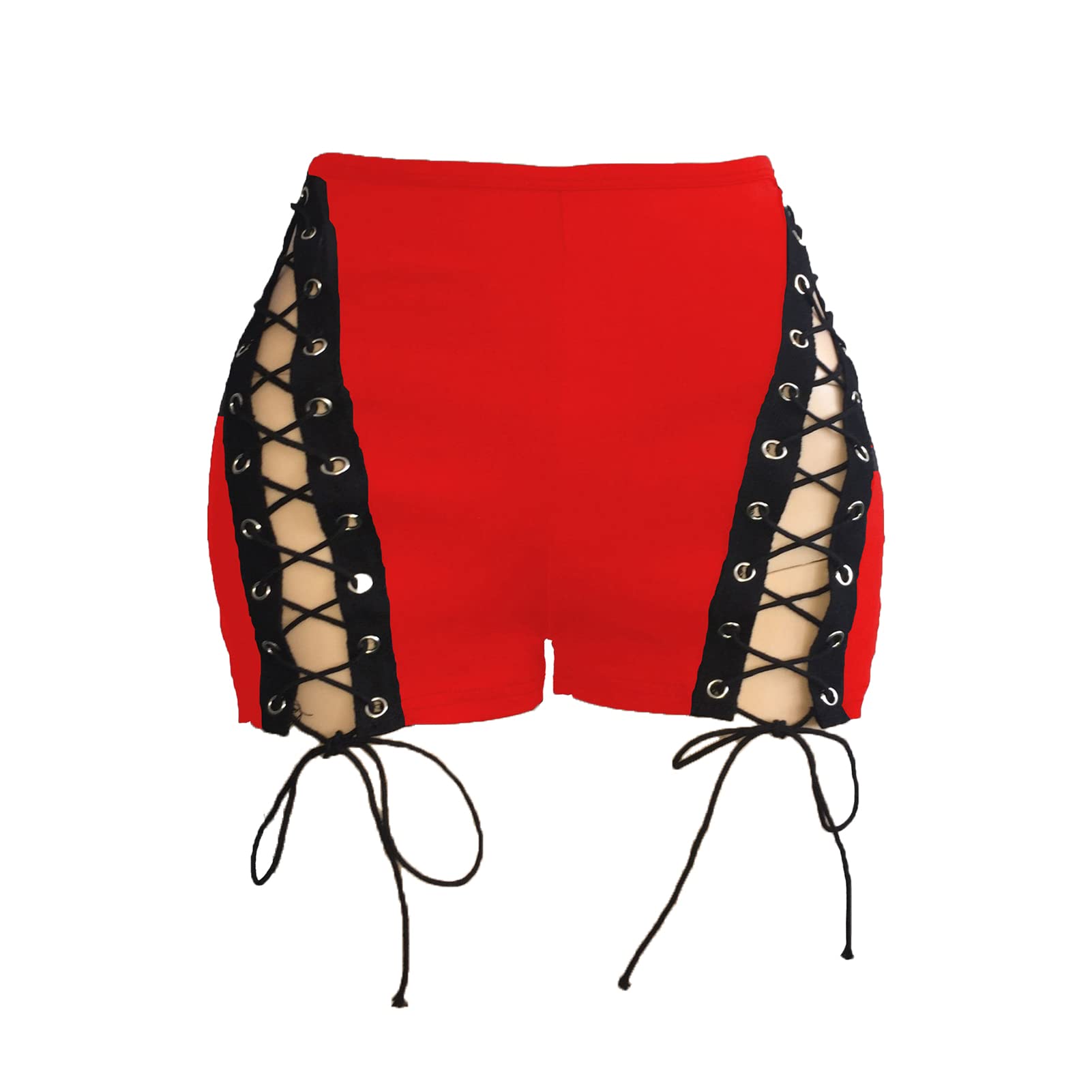 Women Mid Rise Side Straps Shorts Stretch Casual Denim Booty Hot Shorts Grommet Eyelet Lace Up Front Shorts (Small,Red)