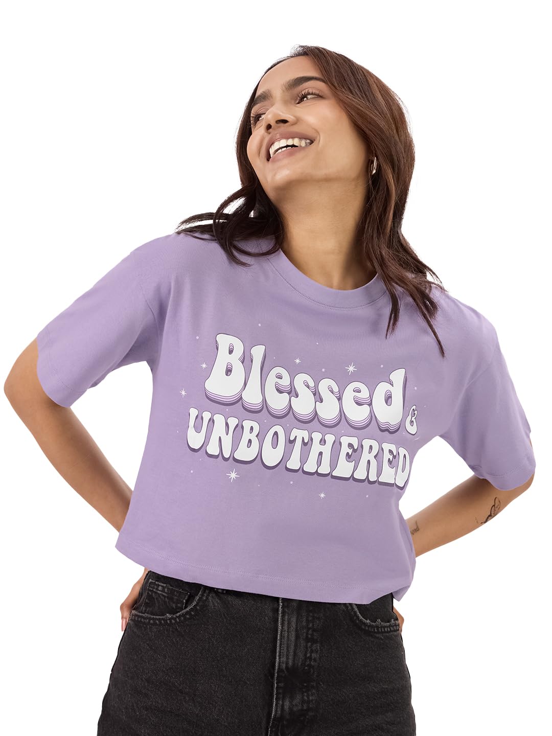 The Souled Store Blessed and Unbothered - Camisetas de manga corta para mujeres y niñas, cuello redondo, estampado gráfico morado, de algodón, de gran tamaño