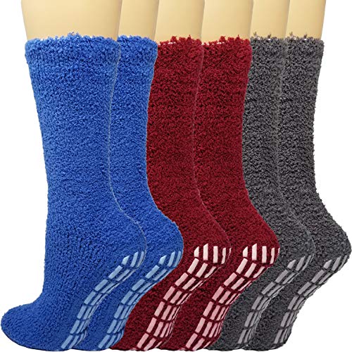 6 Pairs Non-slip Hospital Socks Sleeping Socks Gripper Socks For Women Men Red/Teal/Purple Debra Weitzner