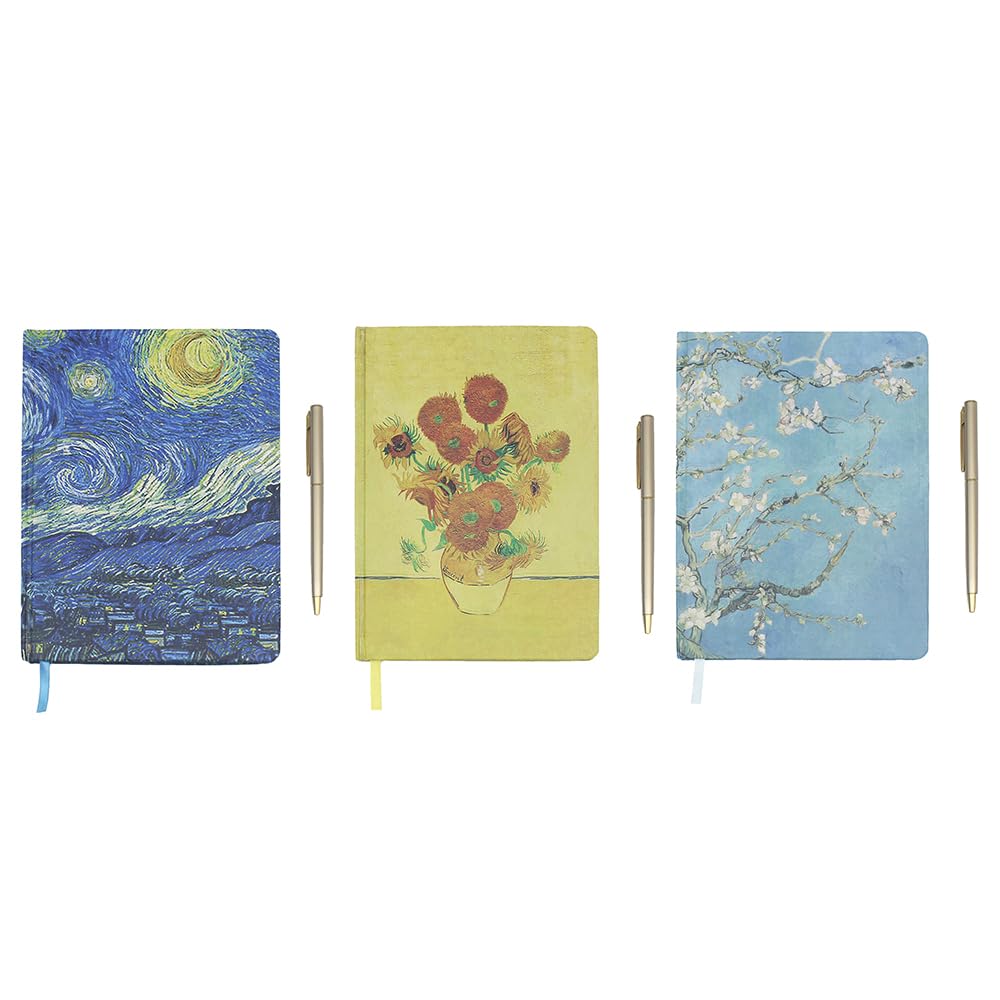 The Leonardo Collection Set of 3 Van Gogh A5 Hardback Notebook & Pen - Starry Night, Sunflowers and Almond Blossom Design
