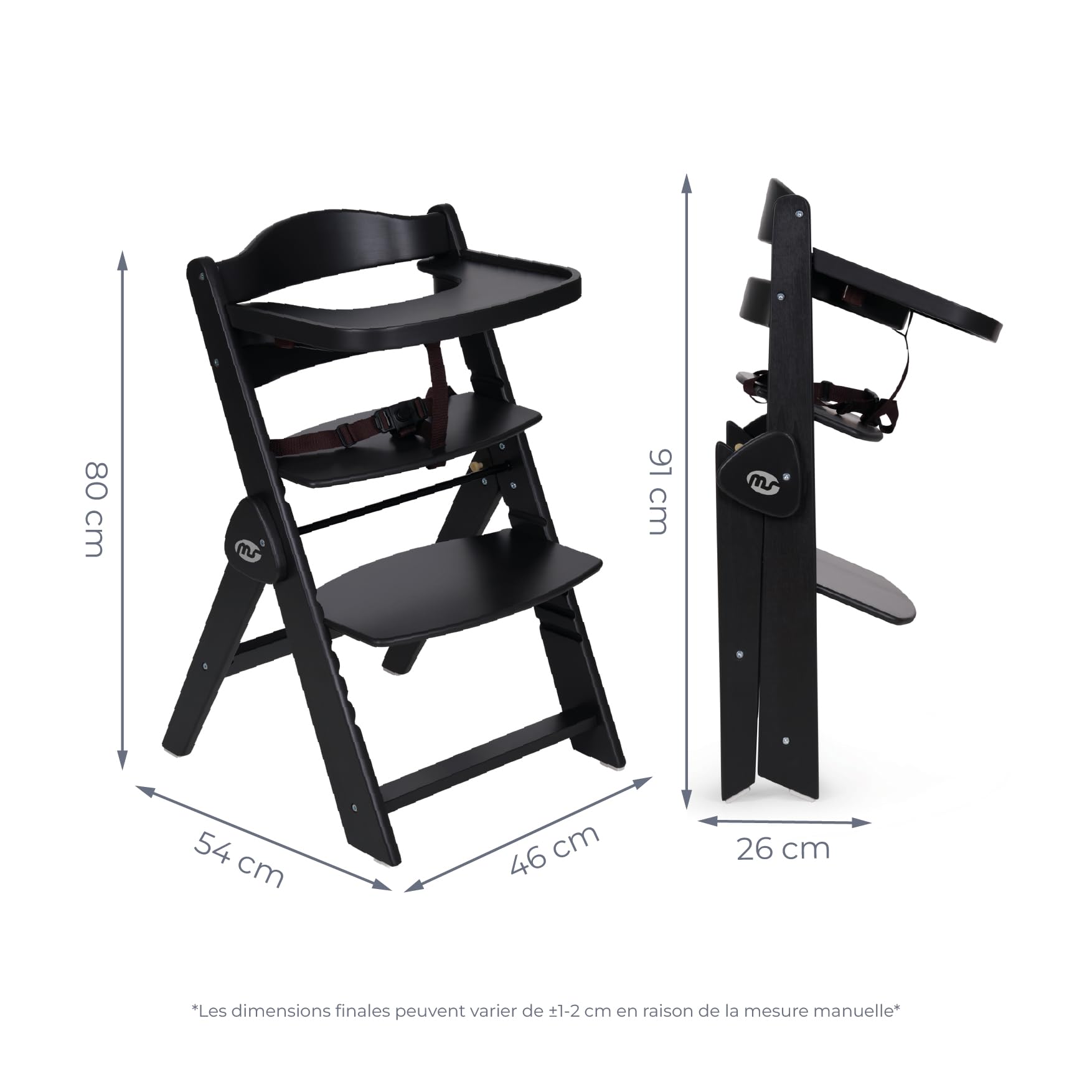 ms Chaise haute pour bébé en bois pliable – évolutive – Chaise haute, ergonomique, réglable, sécurisée, noir/blanc