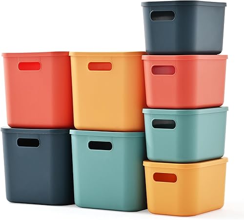 Contenedores de almacenamiento de plástico con tapa, contenedores de almacenamiento apilables para organizar, cestas de almacenamiento decorativas