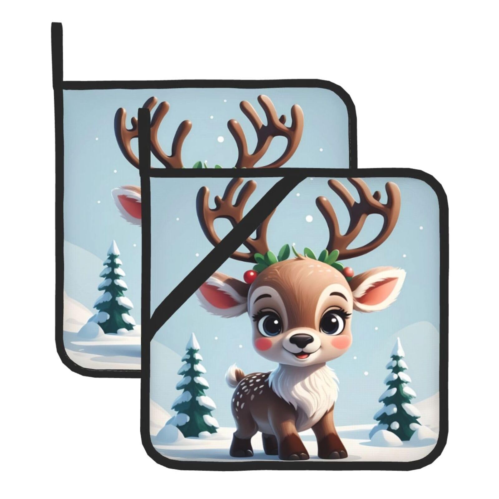 HJFCZH Reindeer Baby Printed Square Insulated Pot Mat Set (2-Piece) 8x8in Waterproof, Thickened & Easy to Clean with Lanyard Design for Kitchen, Oven & BBQ