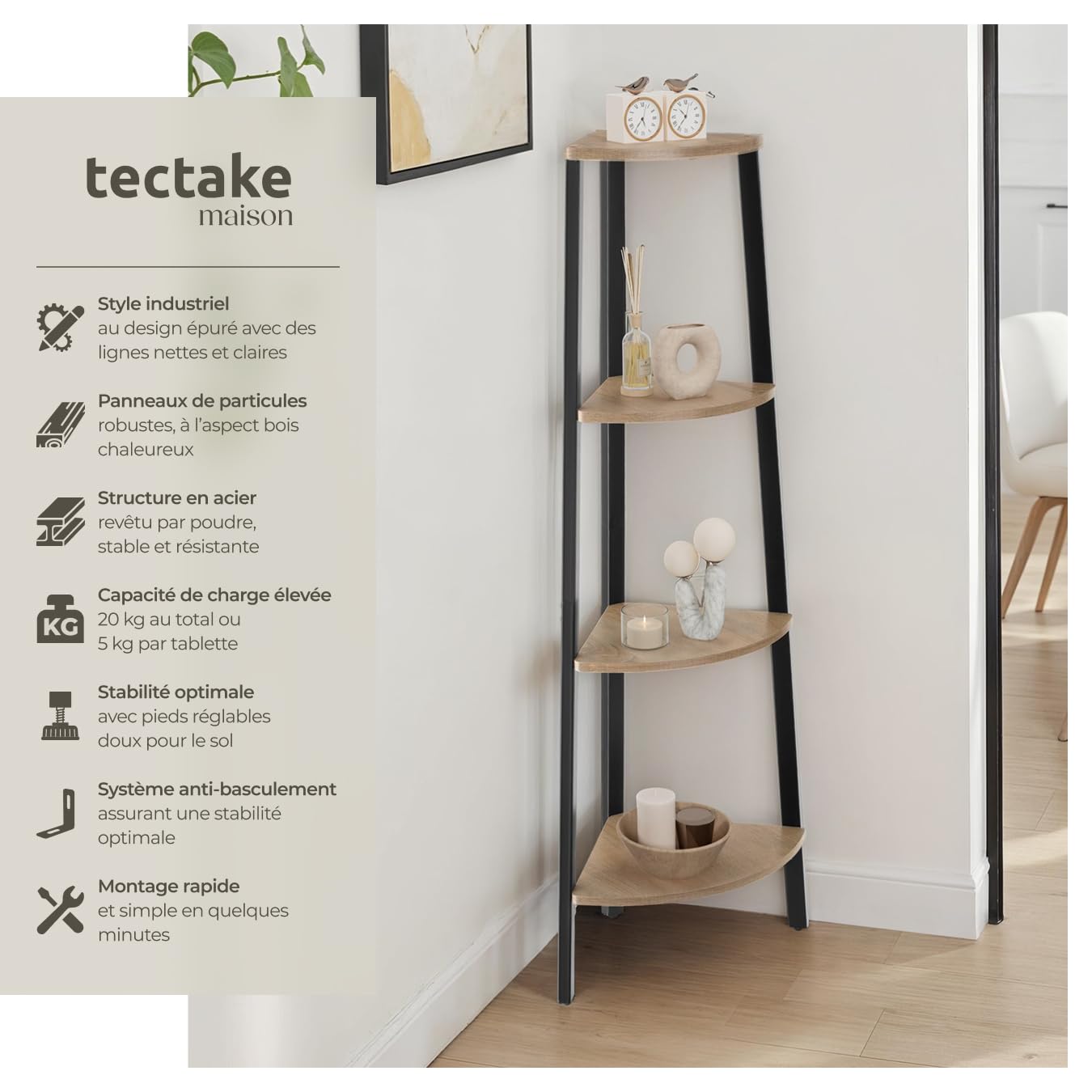 tectake® Étagère d'angle 34 x 34 x 125 cm, Bibliothèque, 4 Niveaux décalés, Style Industriel, Etagere Bois, Rangement Bureau Bibliotheque, Meuble Salon, Etagere Rangement Chambre, Bureau, Bois Clair