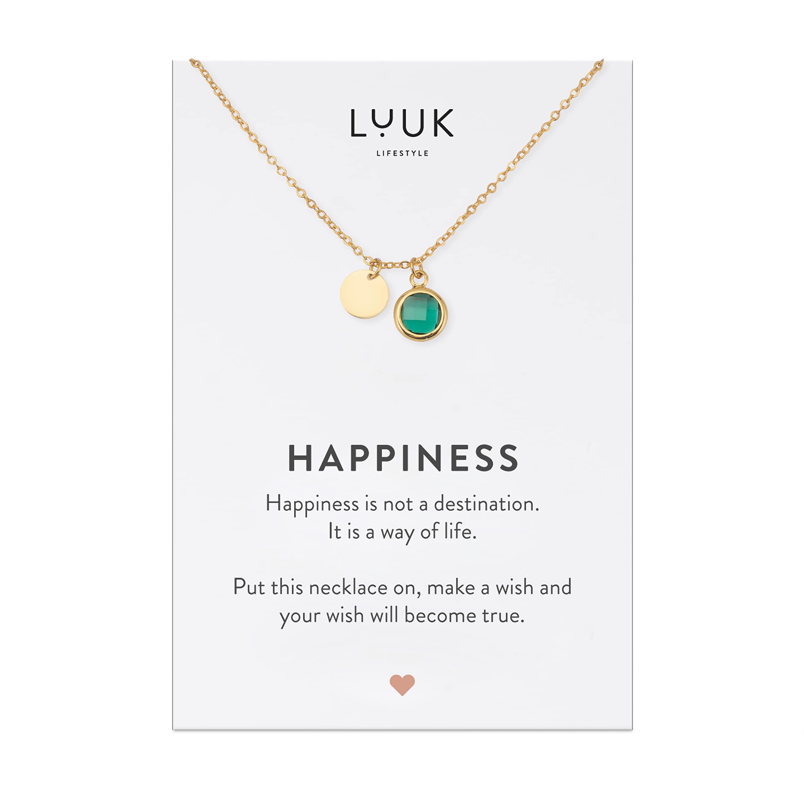 LUUK LIFESTYLECollar de acero inoxidable con cristal de colores y tarjeta mensaje HAPPINESS, joyería mujer moderna, regalo San Valentín collar de piedra color, dorado y plateado