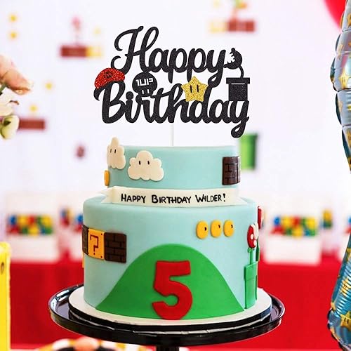 Miniatura 4 de Vinyl Quote Me Decoración de pastel de Mario con purpurina negra, decoración de pastel de cumpleaños, temática de videojuegos, suministros de fiesta