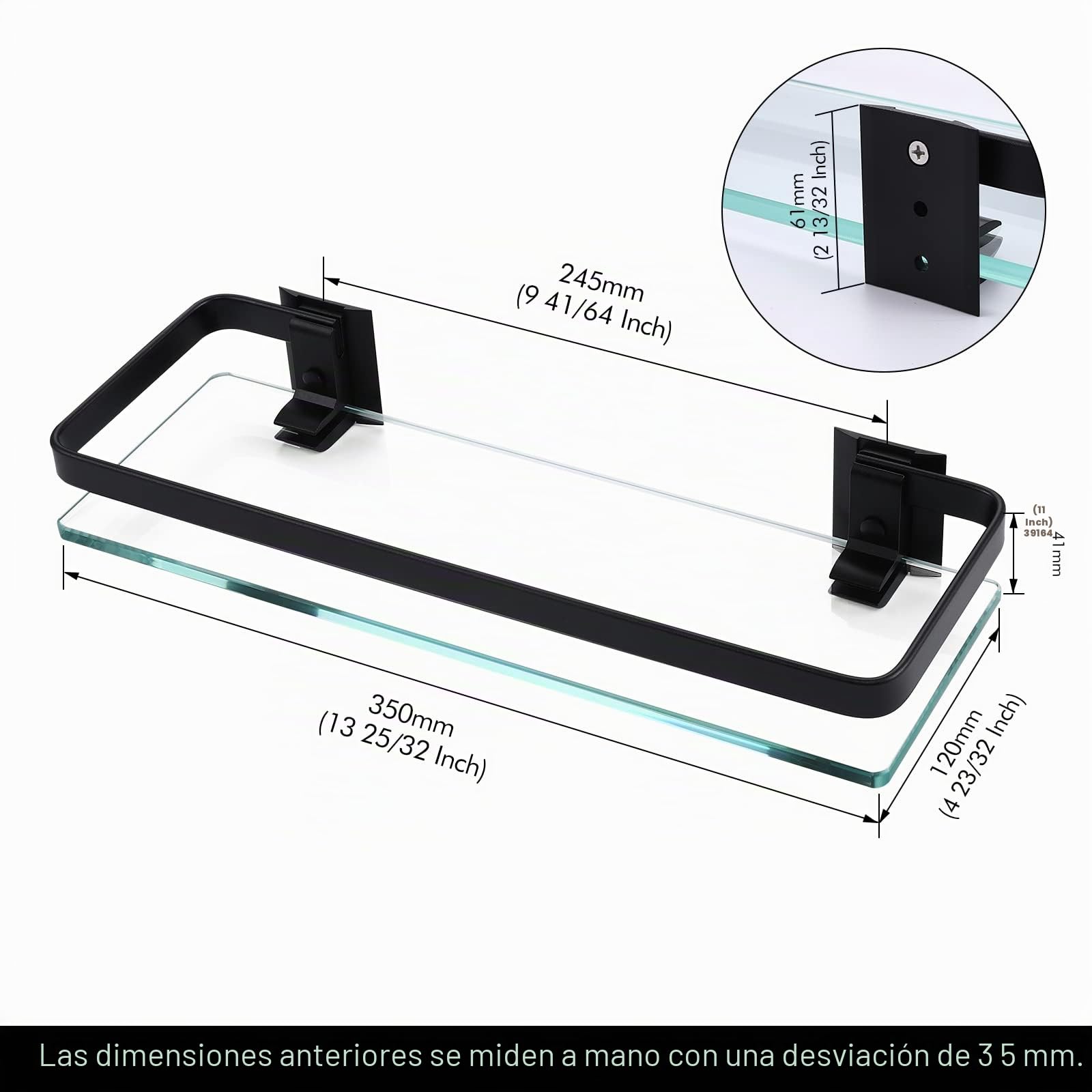KES Estantería Baño Vidrio Templado 8mm Extra Gruesa Montado en la Pared Negra Aluminio Negro 2 Pieza
