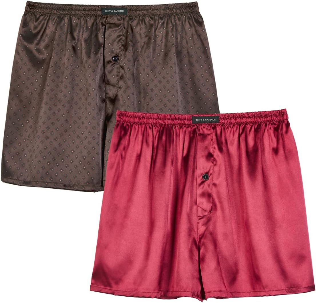 TONY AND CANDICE Men's Satin Boxer Briefs Pack, Silk Feeling Sleep Shorts Underwear with Fly for Men