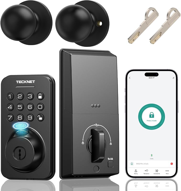 Keyless Entry Door Lock with Handle, Fingerprint Keypad Deadbolt with Handle Set, Smart Door Locks for Front Door with App Control, Auto-Lock, One-Time Code, Easy to Install
