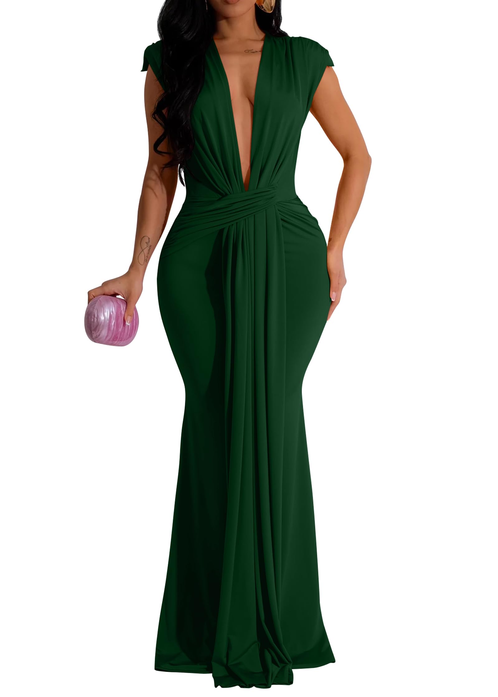 Memoriesea Women's Elegant Sleeveless Deep V Neck Bodycon Party Evening Gown Maxi Dress