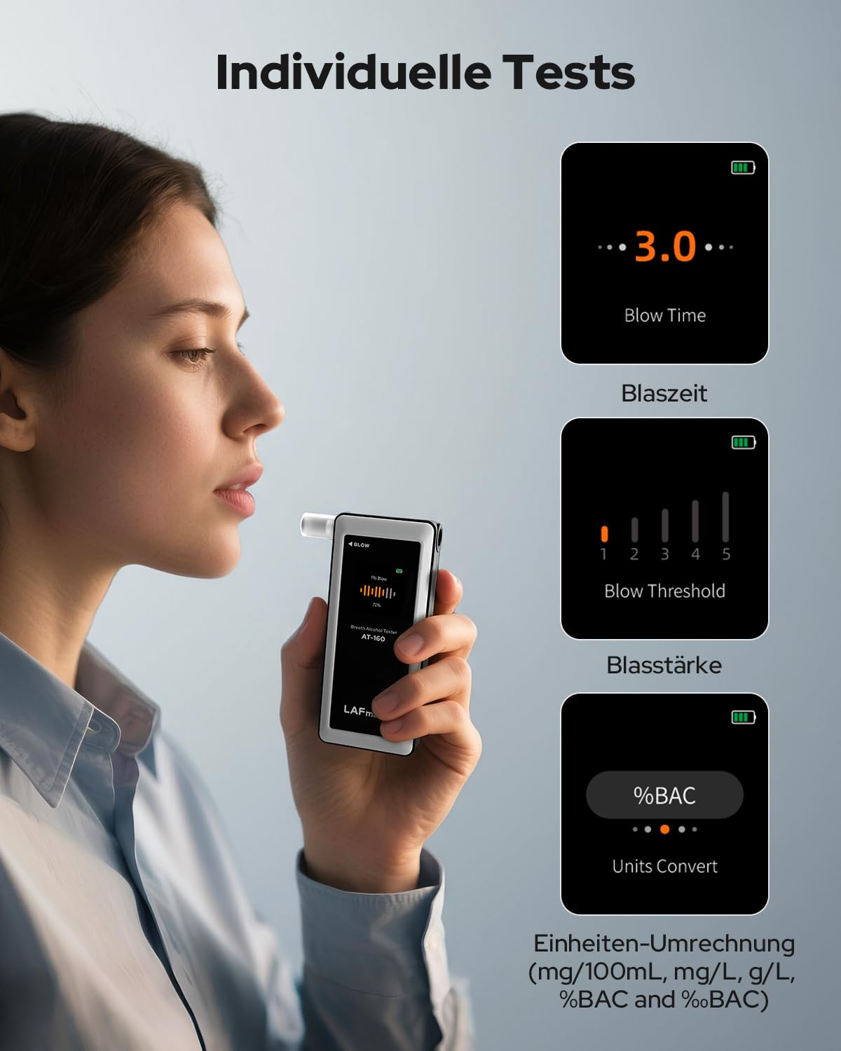 AT-160 Alkoholtester, hochpräziser Promilletester mit Alarmschwelleneinstellung, Breathalyzer mit digitaler LCD-Anzeige, Speicherfunktion, Typ-C-Laden, 10 Mundstücke für Heimgebrauch