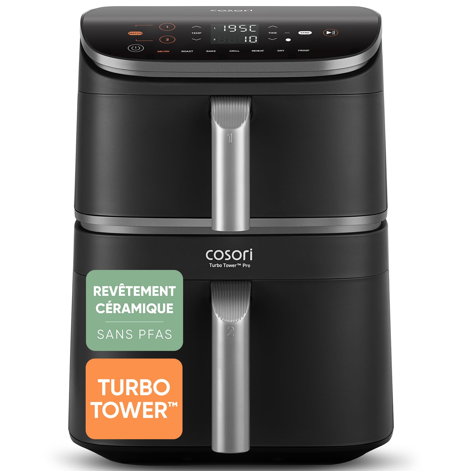 Cosori Air Fryer 10.8L Turbo Tower Pro Revêtement Céramique sans PFAS | Double Stack, Dual Blaze&Turbo Blaze, 3 Niveaux Cuisson, 7 Fonctions, 68% d’Économie d’Énergie, Recettes en ligne