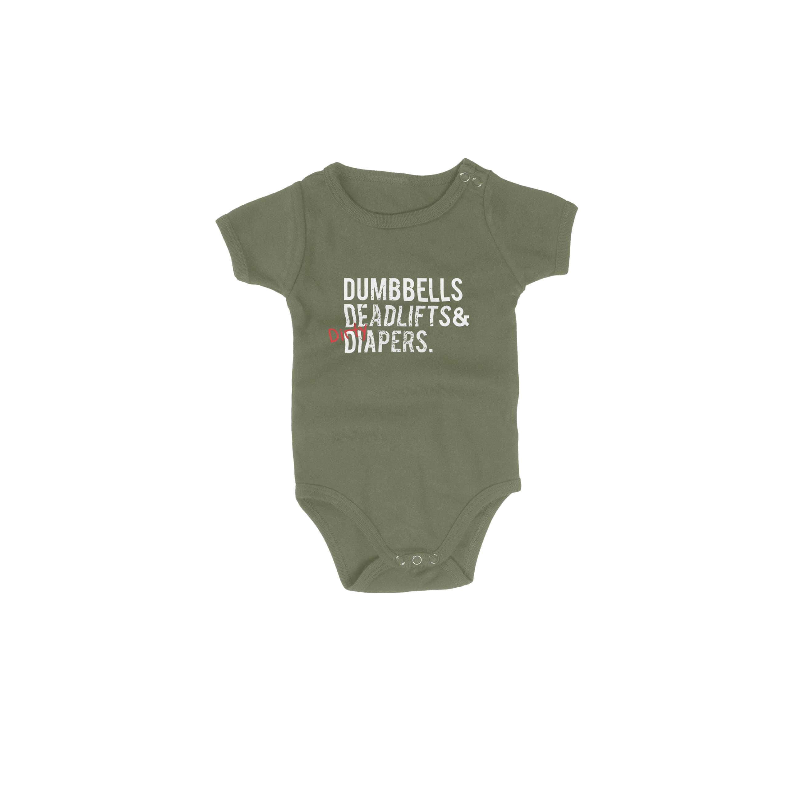 DadBod Apparel DB Dumbbells Deadlifts & Dirty Diapers Mini-Me Triple D Bodysuit (Military Green/6M) Unisex Bodysuit Girl or Boy