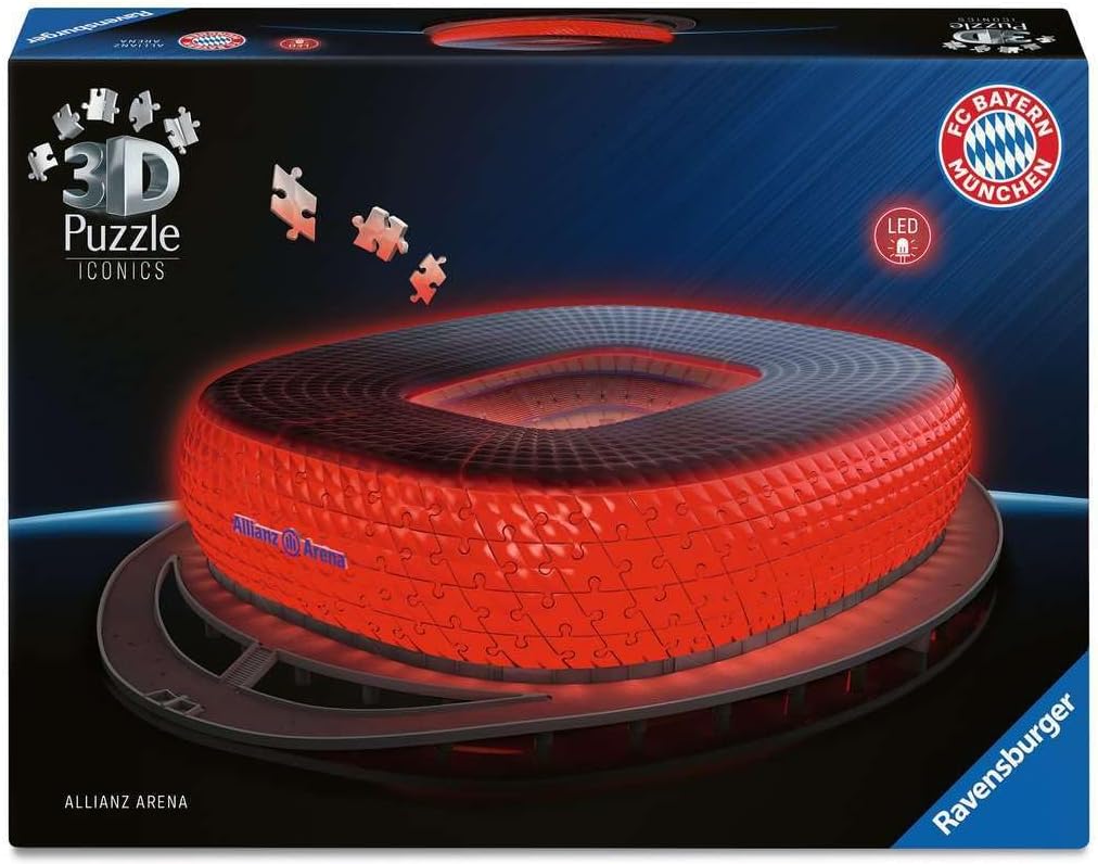Ravensburger 3D Puzzle Iconics: 12008033 Allianz Arena - with Light - The Famous Stadium of FC Bayern Munich as Illuminated Model for Real Fans