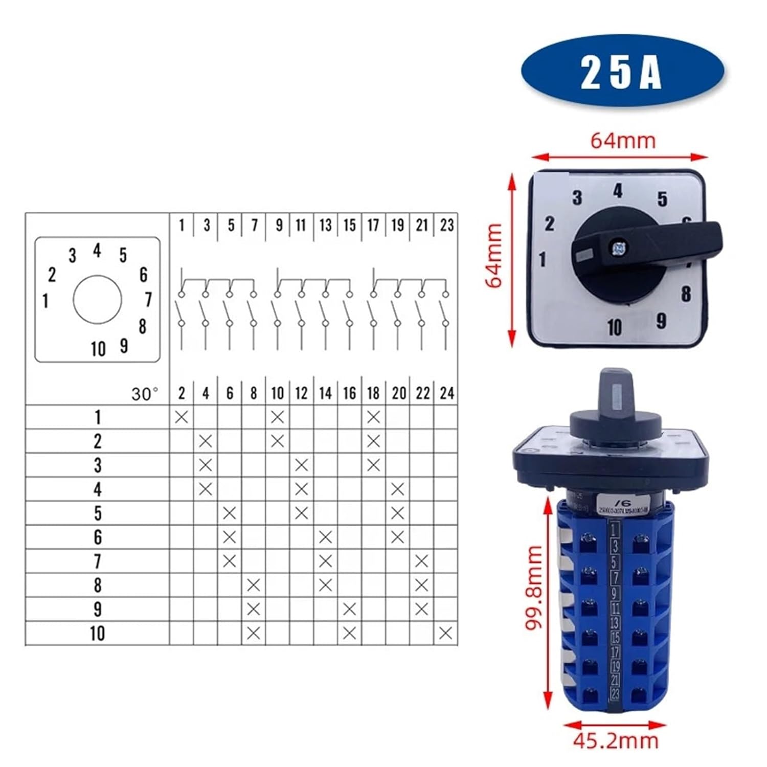 LW26-25 Rotary Cam Switch 64X64mm Panel Ui 690V 25A 6 Poles for Welding Machine 10 Position Silver Contact 1Pcs