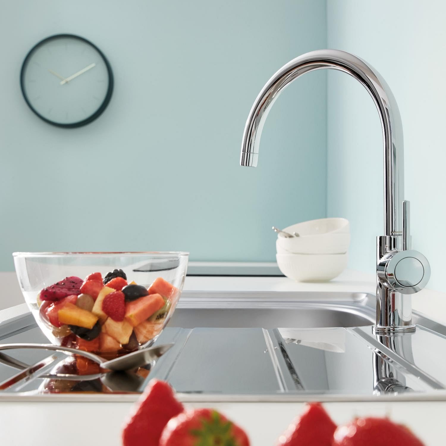 GROHE Start Classic 31553001 - Rubinetto monocomando per lavello (beccuccio C, angolo di rotazione 360°, collegamento flessibile, con strumento di montaggio), cromato