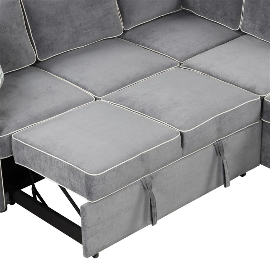 83" L-Shaped Sofa,Convertible Sleeper with Pull Out Bed,2 Power Sockets & Pillows for Living Room,Gray
