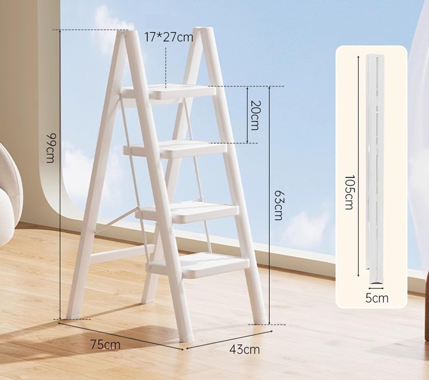 Herringbone Ladder, Household Ladder Multi-Functional Ladder Indoor Thickened Pipe Strong Bearing,red (White)