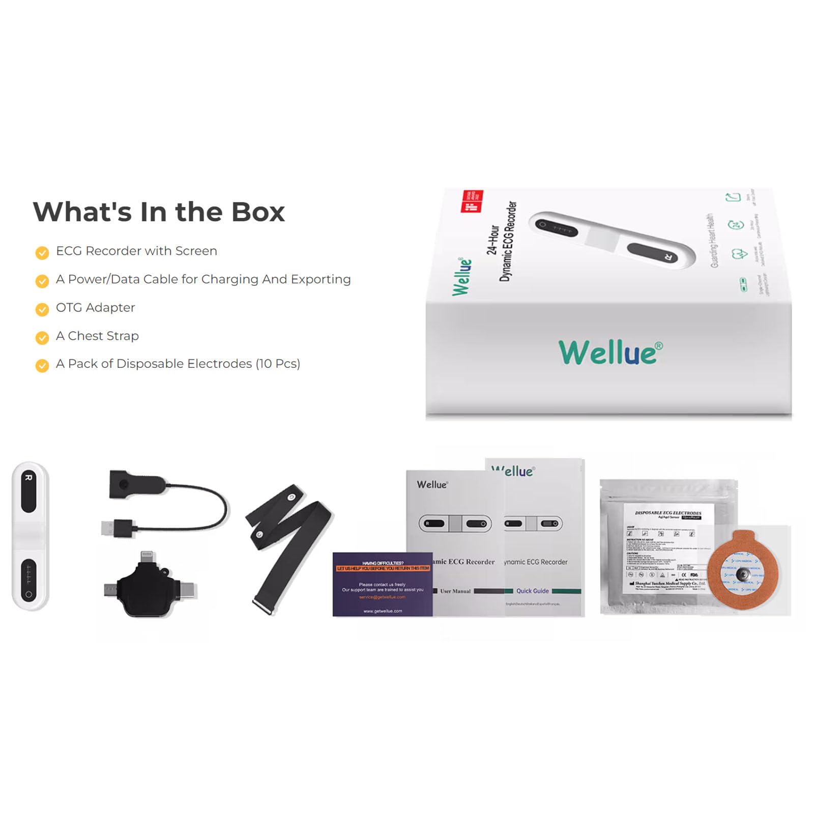 Wellue 24 ore dispositivo ECG per la casa, analisi AI, ECG Event Recorder, compatibile con Ios e Android, Mac e Windows, tempo di monitoraggio da 5 minuti a 24 ore