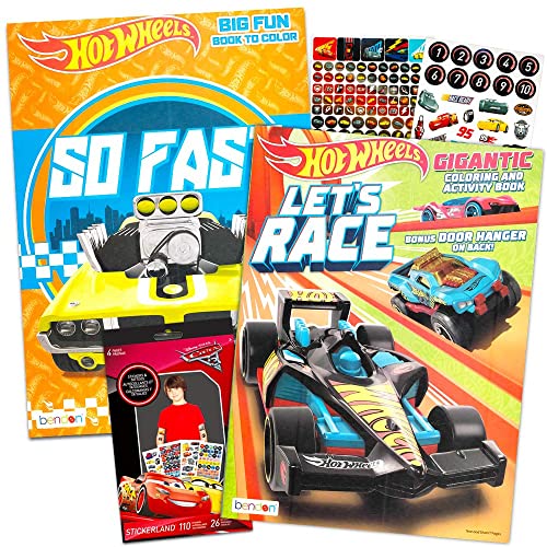Hot Wheels Coloring Book Set for Kids - 2 Jumbo Hot Wheels Cars Activity Books with Cars Stickers, Games, Puzzles, and More | Hot Wheels Hot Rod Coloring Bundle for Boys, Girls
