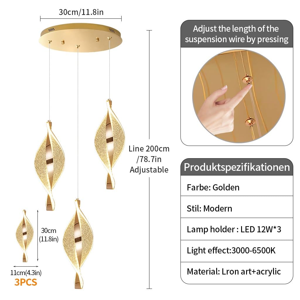 Lampadario Moderno LED Sospensione Regolabile In Altezza Multi Luce Dimmerabile 3000-6500K Alluminio Acrilico Oro Scala Loft Soggiorno Sala Pranzo Lampadario Da Soffitto(A 3-lights)