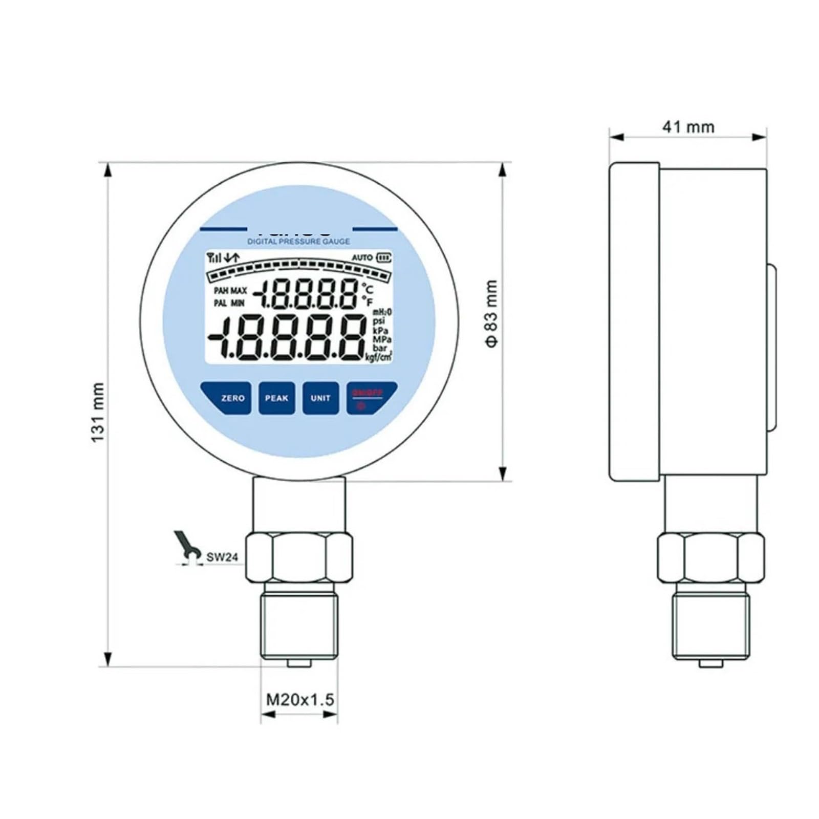 Präzisions-Digital-Manometer, 0,1% Genauigkeit mit hintergrundbeleuchtetem Display, Vakuum-Druckmessgerät(0-6 bar,G1-2)