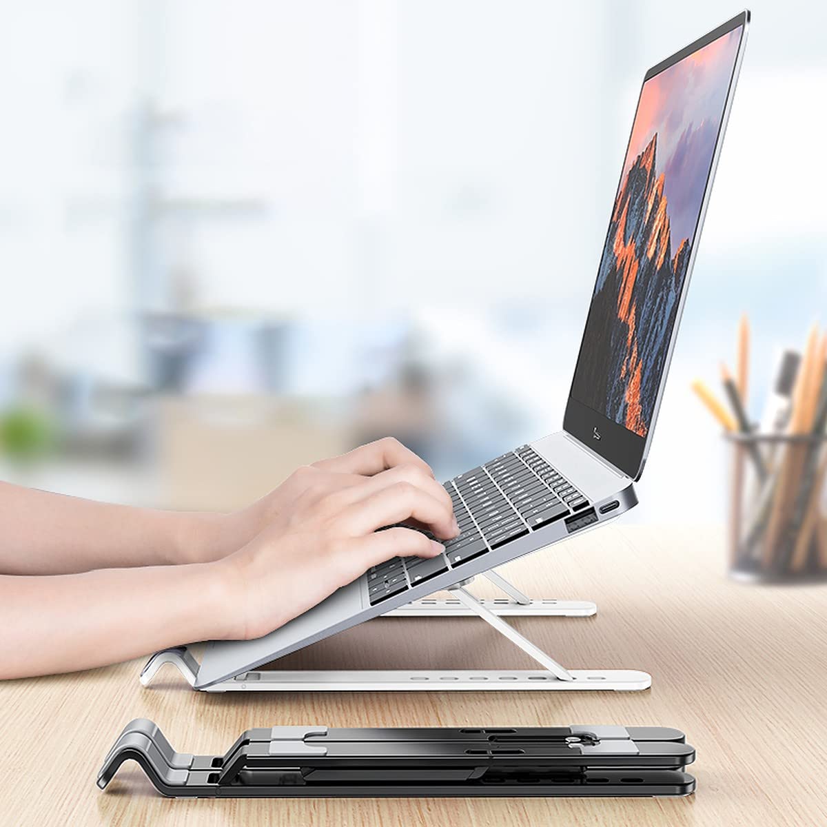 wolpin Laptop Stand, Fold-Up, Adjustable, Ventilated, Portable Laptop Holder for Desk, Aluminum Foldable Laptop Ergonomic Compatibility with up to 15.6-inch Laptop, All Mac, Tab, and Mobile (Black) (B0BCKM16QY) Amazon Price History, Amazon Price Tracker