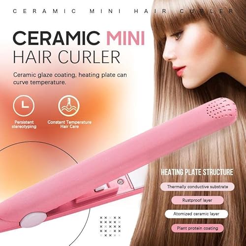 Ceramic Mini Hair Curler, 2-in-1 Hair Straightener Quick Hair Styling Long-Lasting Effect Dual Voltage Ceramic Convenient Travel Straight Hair Curler for Short Hair and Bangs