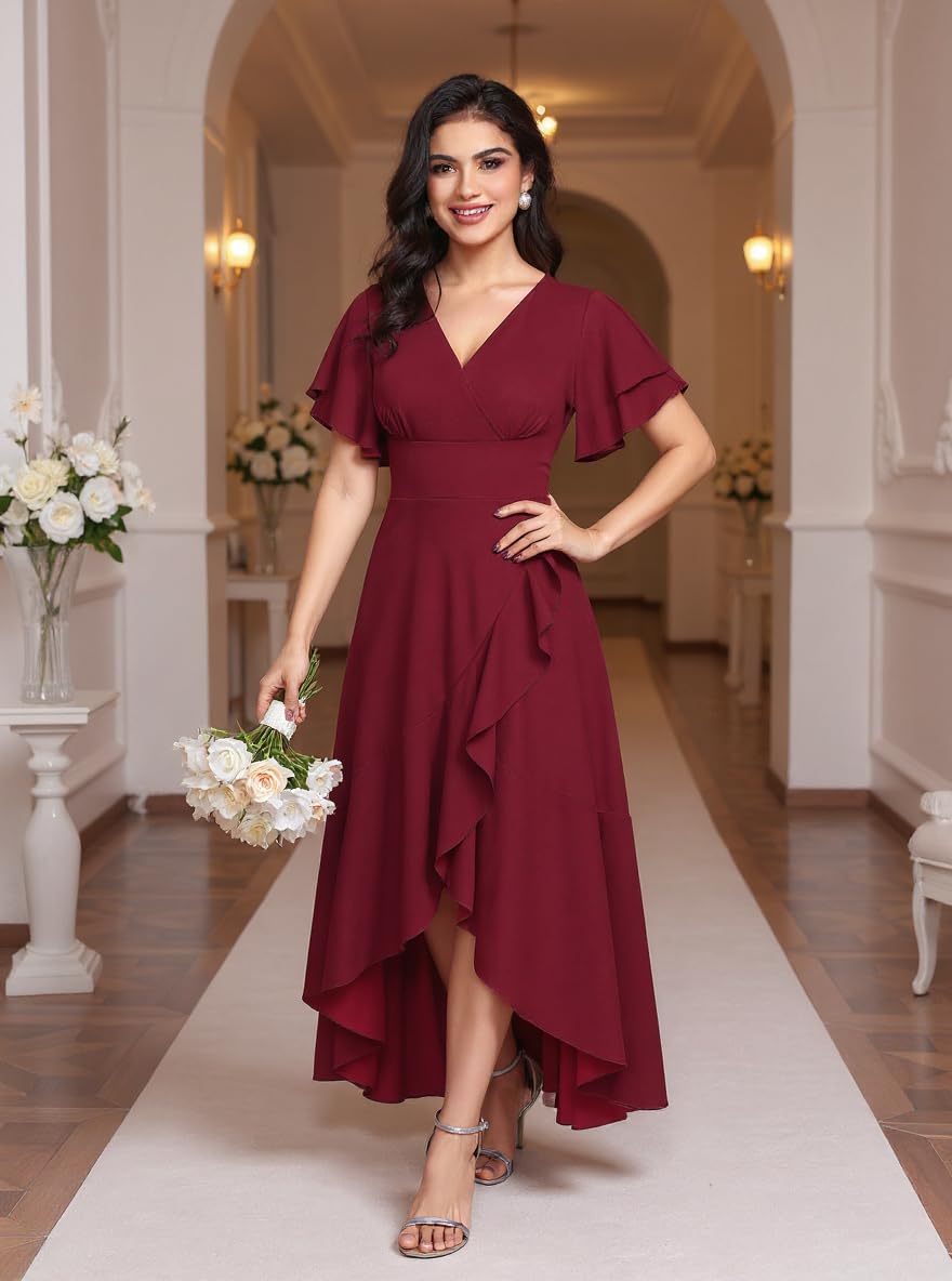 BABYONLINE D.R.E.S.S. Robes formelles pour femmes, robe de cocktail, col en V fendu, robe enveloppante à volants, robe d'invitée de mariage 3089-XIN