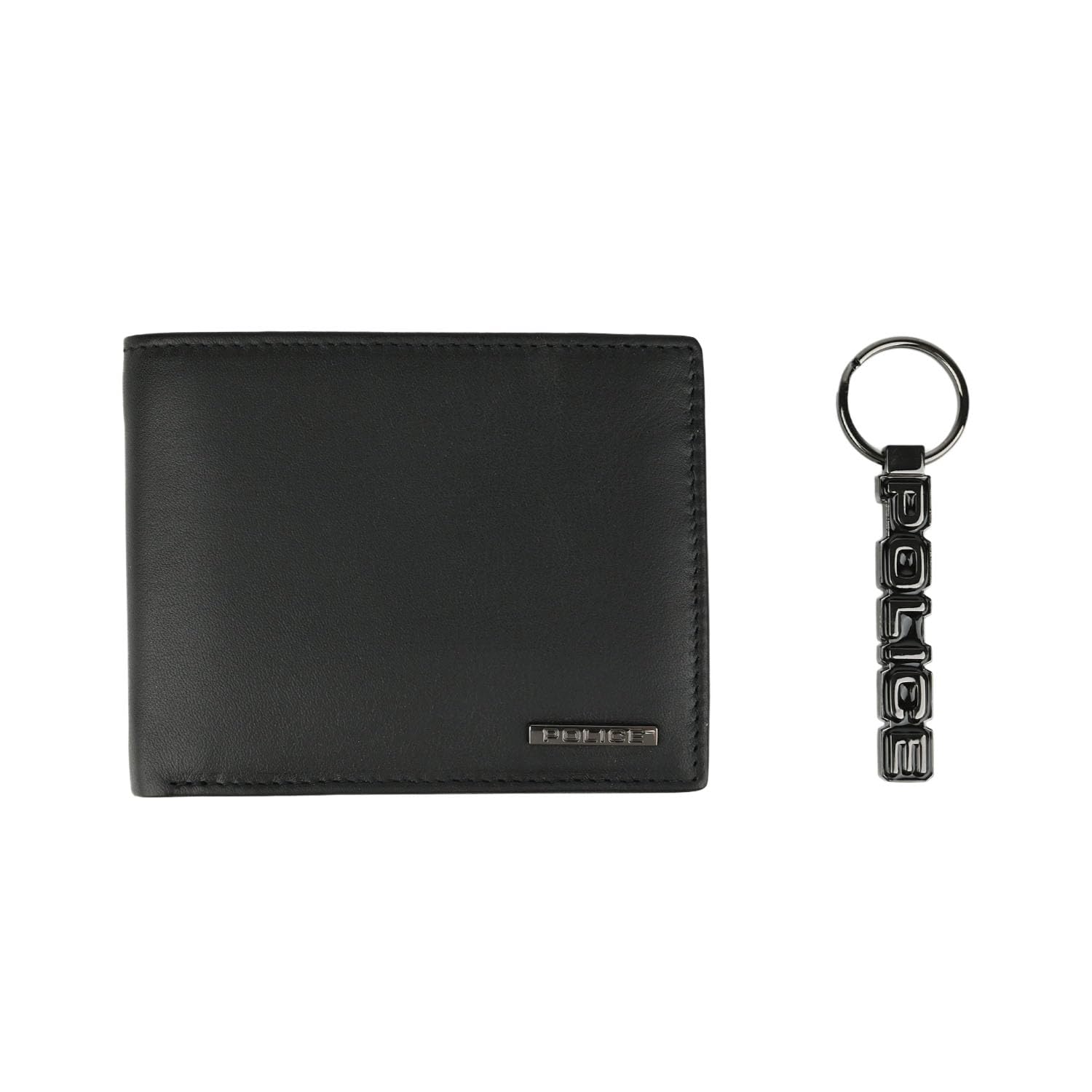 Police Men's Bifold Wallet & Keychain Gift Set - Genuine Leather, Black, Metal