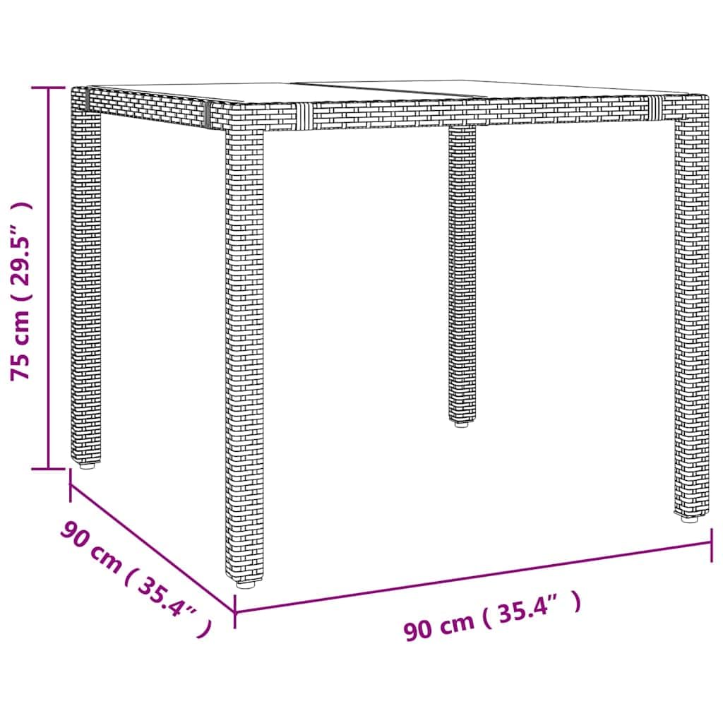 Mesa de jardín con tapa de cristal beige de poliratán y cristal templado para terraza, jardín, exterior, mesa resistente a la intemperie con marco de acero, ratán de polietileno duradero