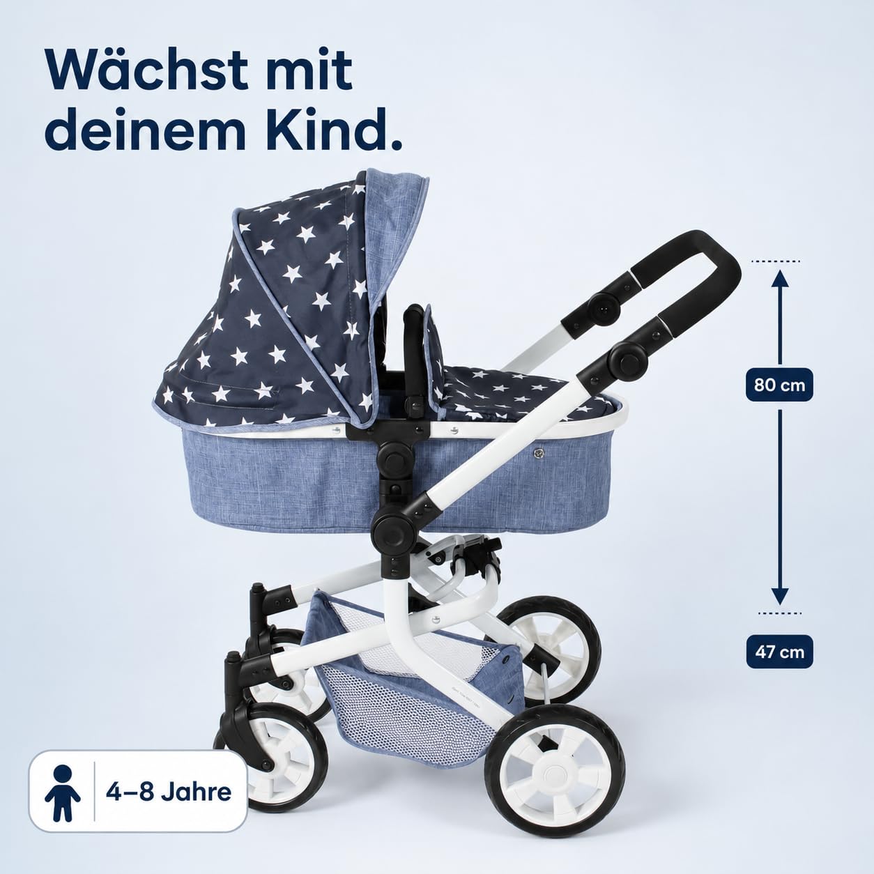 Bayer Chic 2000 - Wózek dla lalek Mika, wózek dla lalek kombi 2 w 1 dla dzieci w wieku od 4 do 8 lat, wózek dziecięcy dla lalek do 52 cm, gwiazdka, granatowy