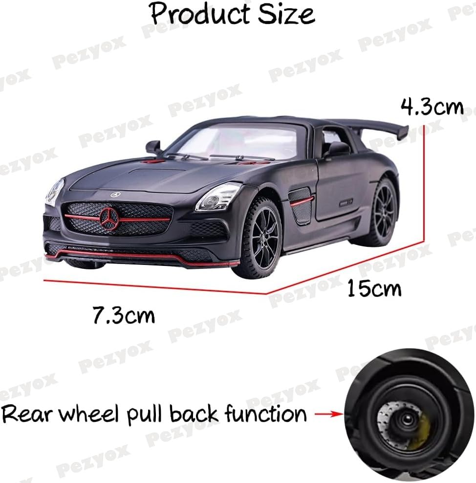 Image of 1:32 Benz SLS AMG Model Car Zinc Alloy Pull Back Toy with Sound & Light Fun for Kids, Boys & Girls Collectible Diecast Car for Ages 3+ (Black)